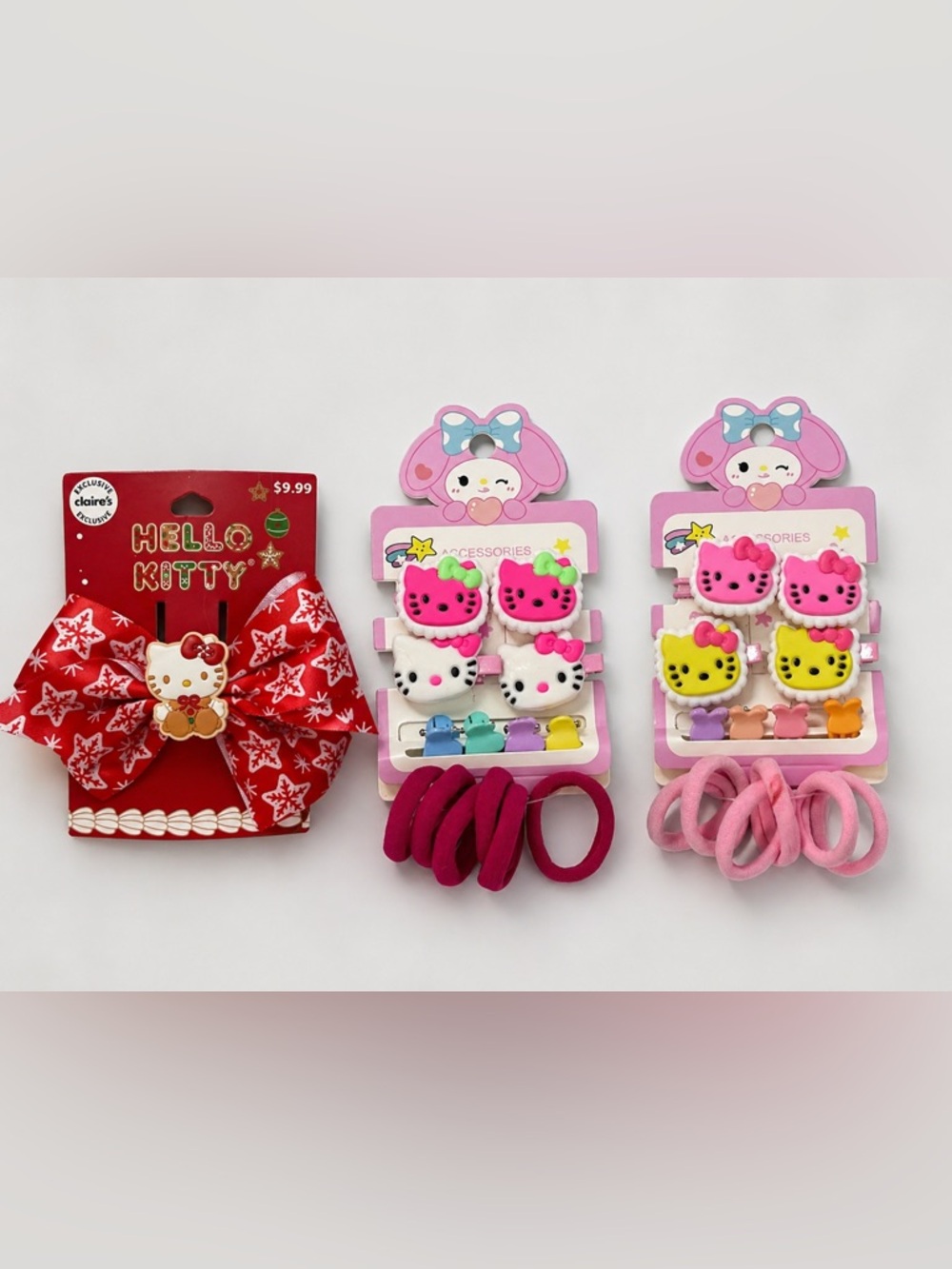 Hello Kitty Bow Hair Clip and Elastic Set Pink, Red & Yellow Kids